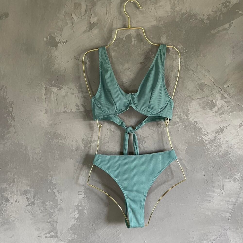 SHEIN Ribbed Sage Green Underwire Bikini Set Size M